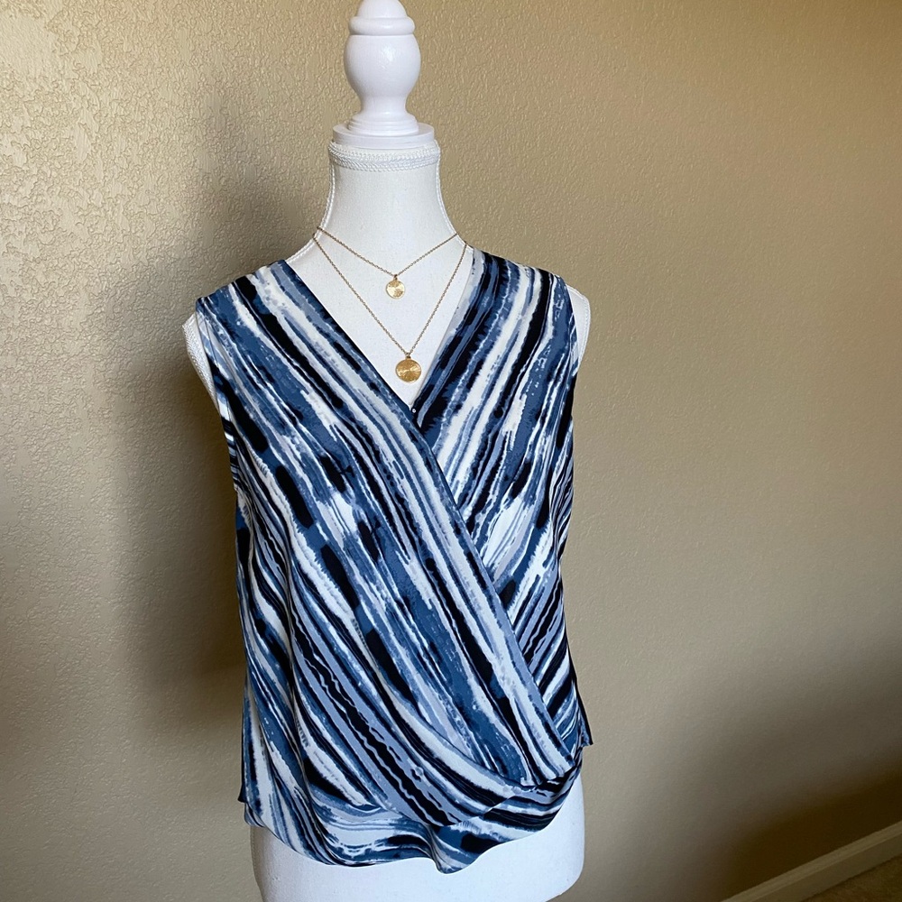 Alfani Blue and White Wrap V-Neck Blouse